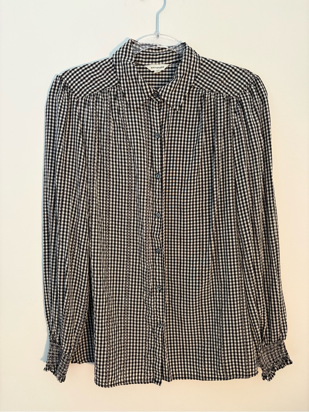 Max Studio Black and White Gingham Button-Down Shirt with smocked cuffs